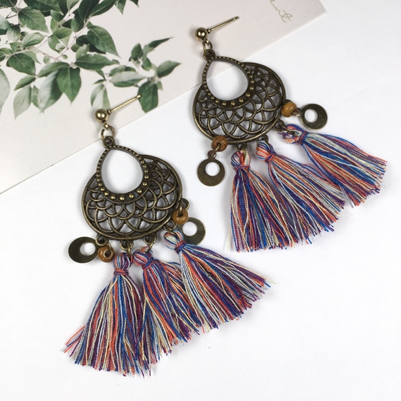 Vintage Boho Multicolored Tassel Earrings - Picture 2 of 4